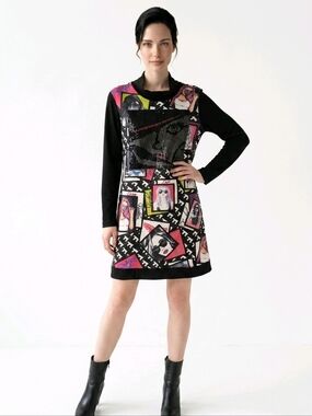Tricotto Graphic Pop Art Long Sleeve Dress - Black with Multicolor Panels